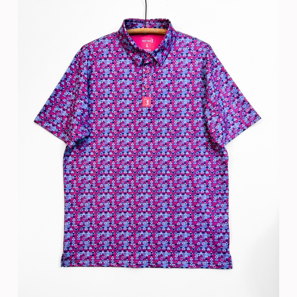 Bogey Bros Mens Large Golf Polo Shirt Pink Purple Blue Geometric Short Sleeve